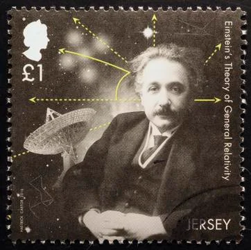 Portrait of Einstein on postage stamp of Jersey Stock Photos