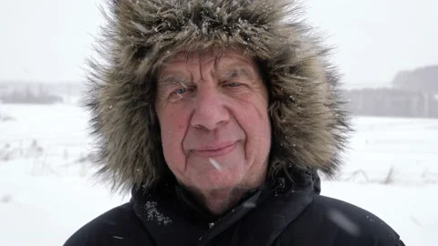 Portrait Of Elderly Old Man With Wrinkles On Face And Wearing Fur Hat In Winter Stock Footage 233777853
