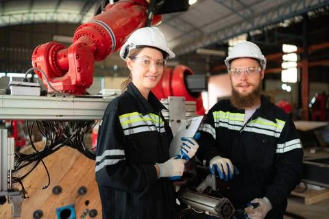 Portrait of Electrical engineer with the mission of installing a robot arm... Stock Photos