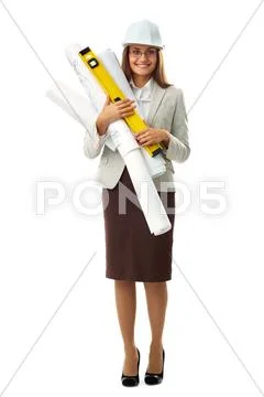 Portrait of elegant businesswoman in helmet holding rolled blueprints in isolati Stock Photos