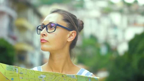 Portrait of the elegant lady with the map. Stock Footage 135831698