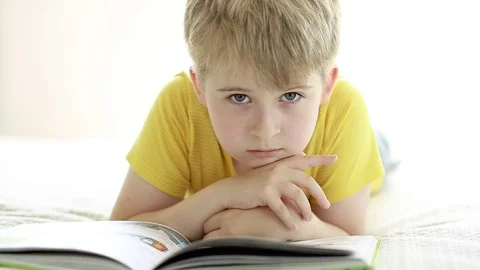  Portrait of a elementary school student. Child with a book.  Stock Footage 79624150