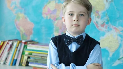 Portrait of an elementary school student in a classroom. Portrait of a cheerful  Stock Footage 75613128