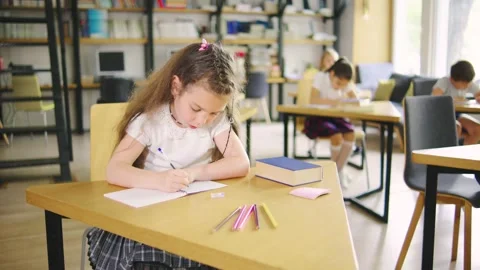 Portrait of an Elementary School Student Sitting at the Front Desk Stock Footage 279518840