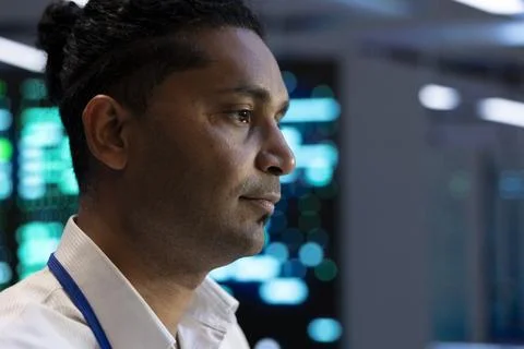 Portrait, engineer and servers in closeup at data center 写真素材