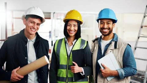 Portrait, engineer and team at site for construction, building development and Stock Photos