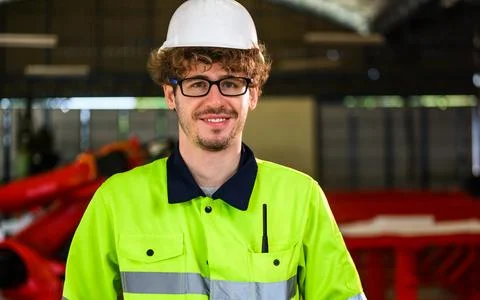 Portrait of engineer checking and inspecting machine at industrial factory Foto stock