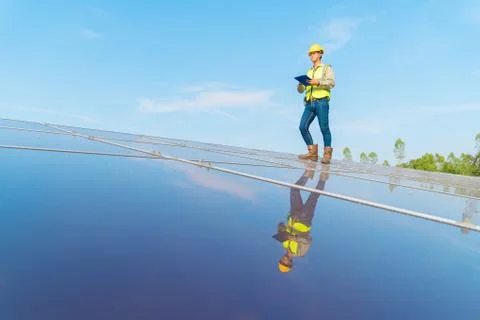 Portrait of engineer man or worker, people, with solar panels or solar cells  스톡 사진