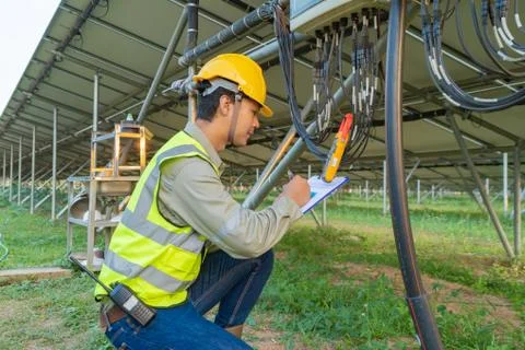 Portrait of engineer man or worker, people, with solar panels or solar cells  스톡 사진