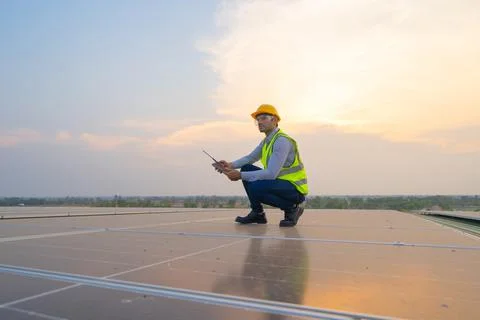 Portrait of engineer man or worker, people, working on solar panels or solar  Stock Photos