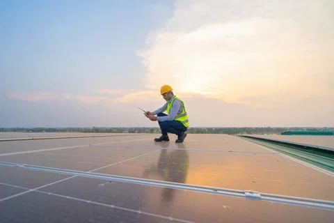 Portrait of engineer man or worker, people, working on solar panels or solar  Stock Photos