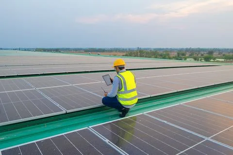 Portrait of engineer man or worker, people, working on solar panels or solar  스톡 사진