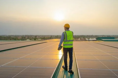 Portrait of engineer man or worker, people, working on solar panels or solar  Stock Photos