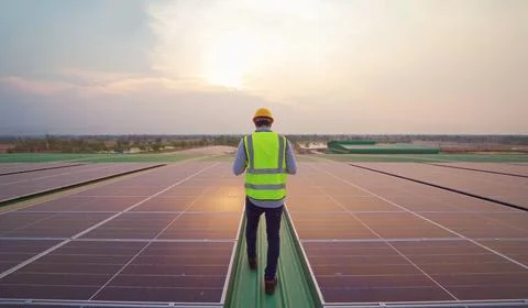 Portrait of engineer man or worker, people, working on solar panels or solar  스톡 사진