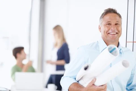 Portrait, engineer or happy man with floor plan for architecture, building or Fotos de archivo