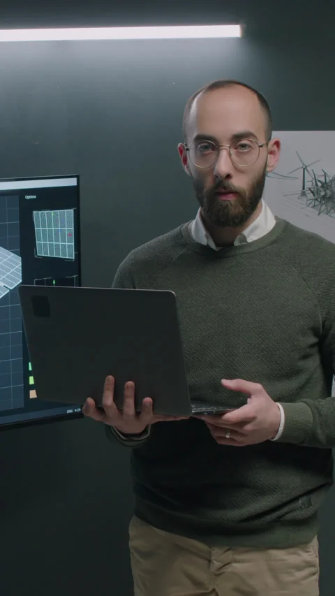 Portrait of Engineer Posing with Laptop near Screen with Solar Panels Stock Footage 271222837