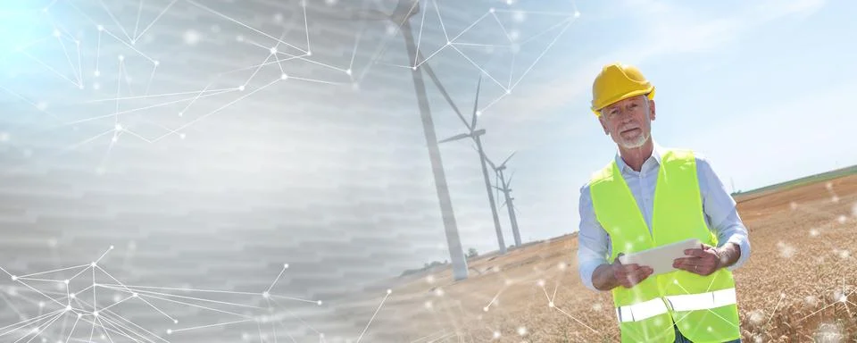 Portrait of engineer using digital tablet for wind turbine inspection; pano.. Stock Photos
