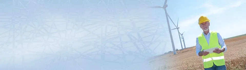 Portrait of engineer using digital tablet for wind turbine inspection; pano.. Foto stock