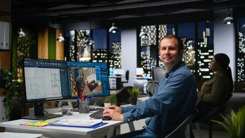 Portrait of engineer working on floor plan interior design at computer Stock-Fotos