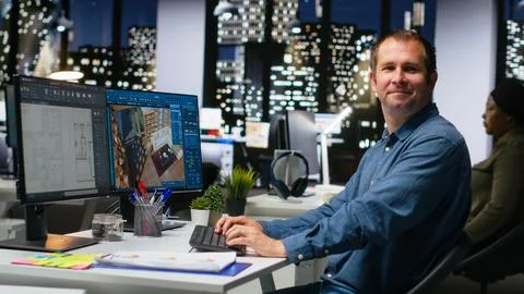 Portrait of engineer working on floor plan interior design at computer Stock Photos