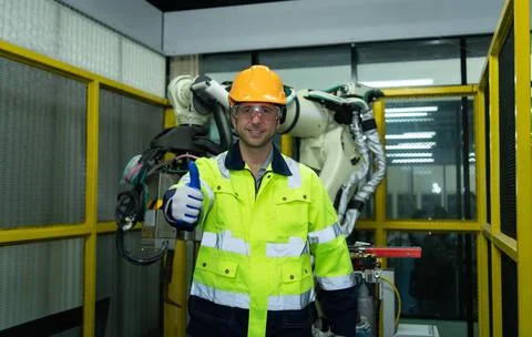 Portrait of engineering with a huge welding robot behind, it that has been... 스톡 사진