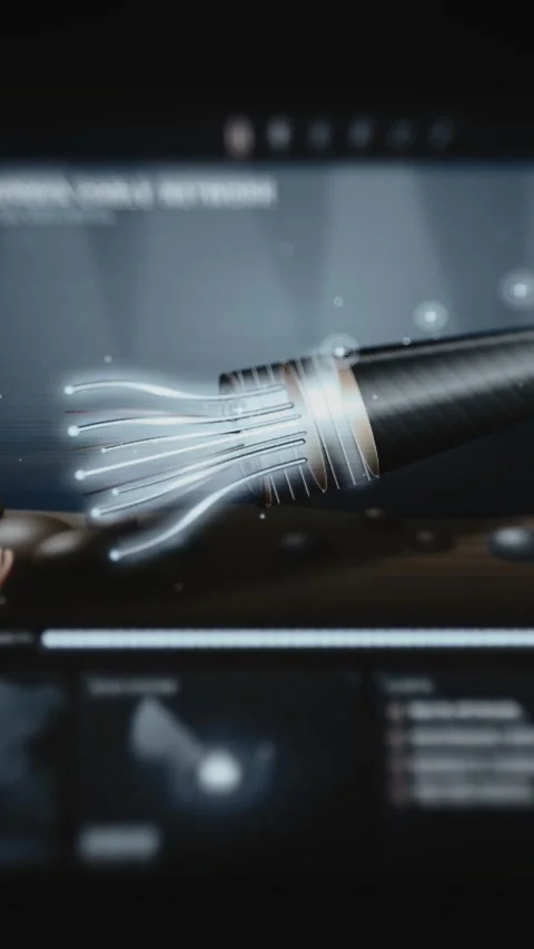 Portrait engineering visualization reveals luminous optical fibers emerging Stock Footage 342483219
