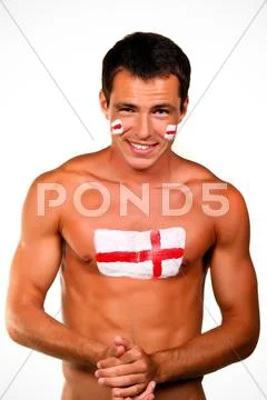 Portrait of an english football fan with flag on his body and face, isolated Stock Photos