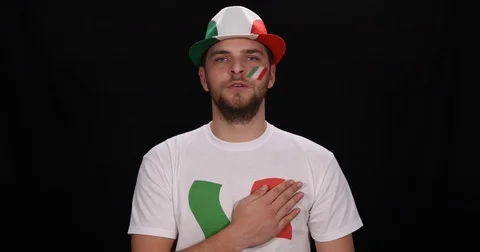 Portrait of Enthusiastic Italian Supporter Man Listening National Italy Anthem Stock Footage