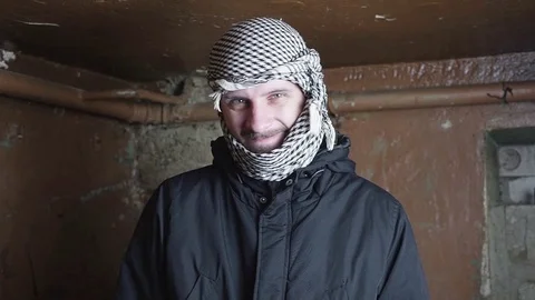 Portrait of an evil comic terrorist. Smiling Arab 動画素材 82547619