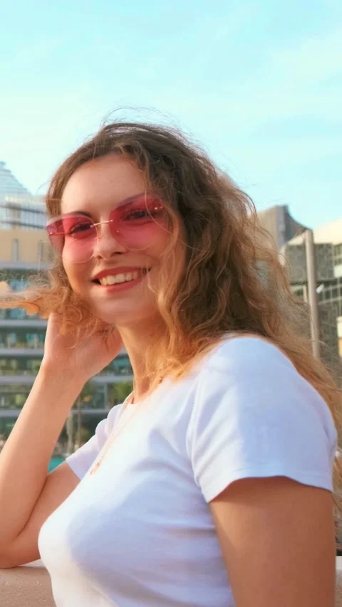 Portrait expression emotion cheerful happy joyful young woman tourist, curly Stock Footage 329277261