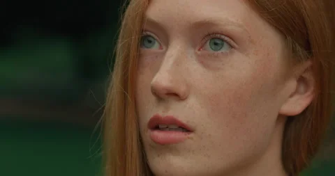 Portrait Face of Amazing Red-Haired Woman Looking Up with interest. Charming Stock-Footage 159227482