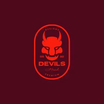 Portrait face scare devil horned fanged flat badge vintage logo design vect.. Stock Illustration