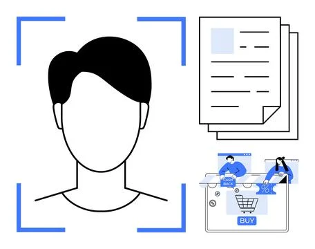 Portrait in facial recognition frame, document stacks, and digital shopping c Illustrazione stock