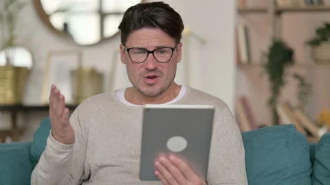 Portrait of Failure for Middle Aged Man on Tablet, at Home 스톡 동영상 142381212