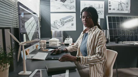 Portrait of Female Black Solar Engineer at Work Stock Footage 307958874