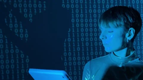 Portrait female coder hacker working on tablet, looking at silhouette Stock Footage 239607684