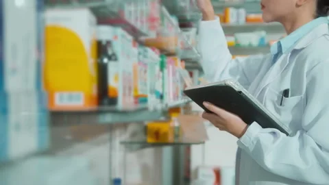 Portrait of female pharmacist using tablet in a modern pharmacy drugstore. Stock Footage 204827543
