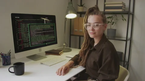Portrait of Female Programmer with Dreadlocks at Workplace Stock Footage 255781754