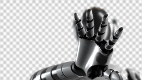 Portrait of a female robot whose hand slides across a virtual display. the ca Stock Footage 249481733