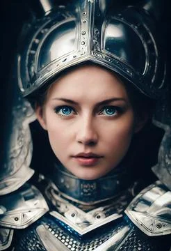 Portrait of a fictional ancient female knight clad in steel armor. The concept Stock Illustration