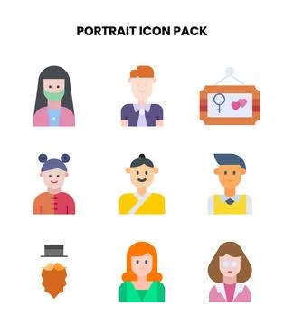 Portrait Flat Scalable Icons Pack Stock Illustration