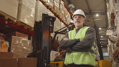 Portrait of Foreman Posing against Forklift Machine at Warehouse Stock Footage 242616181