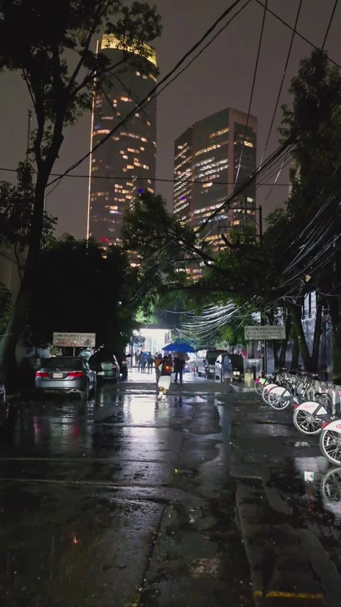 Portrait format video of wet Mexico City evening with commuters dashing to metro Stock Footage 318722773
