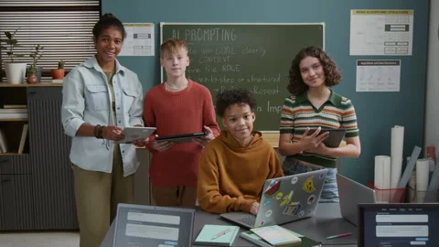 Portrait of Four Multicultural Students at Artificial Intelligence Lesson Stock Footage 318719905