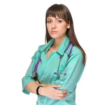 Portrait of a friendly female doctor with stethoscope Stock Photos