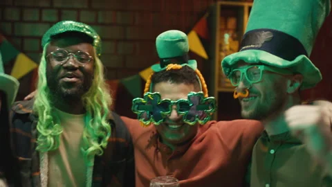 Portrait of Friends Having Fun at St Patricks Day Party in Bar Stock Footage 261498276