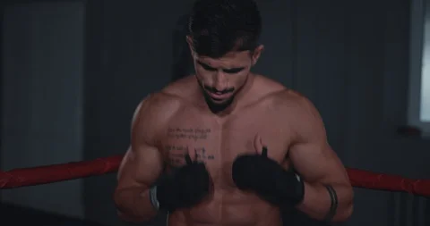 Portrait in front of the camera great looking athletic guy have a boxing workout Stock Footage 117054076