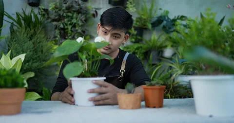 Portrait front view of a happy young asian male gardener holding  Stock Footage 185843969