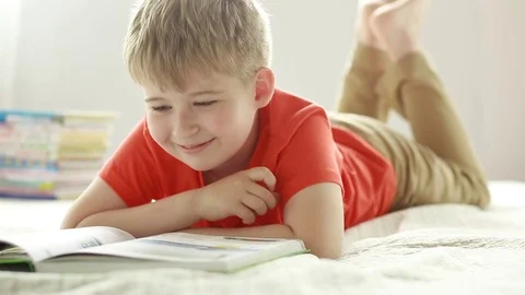 Portrait of a funny boy with a book. An elementary school student.  Stock Footage 77751826