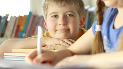 Portrait of a funny boy with a book. An elementary school student in class.  Stock Footage 87611625